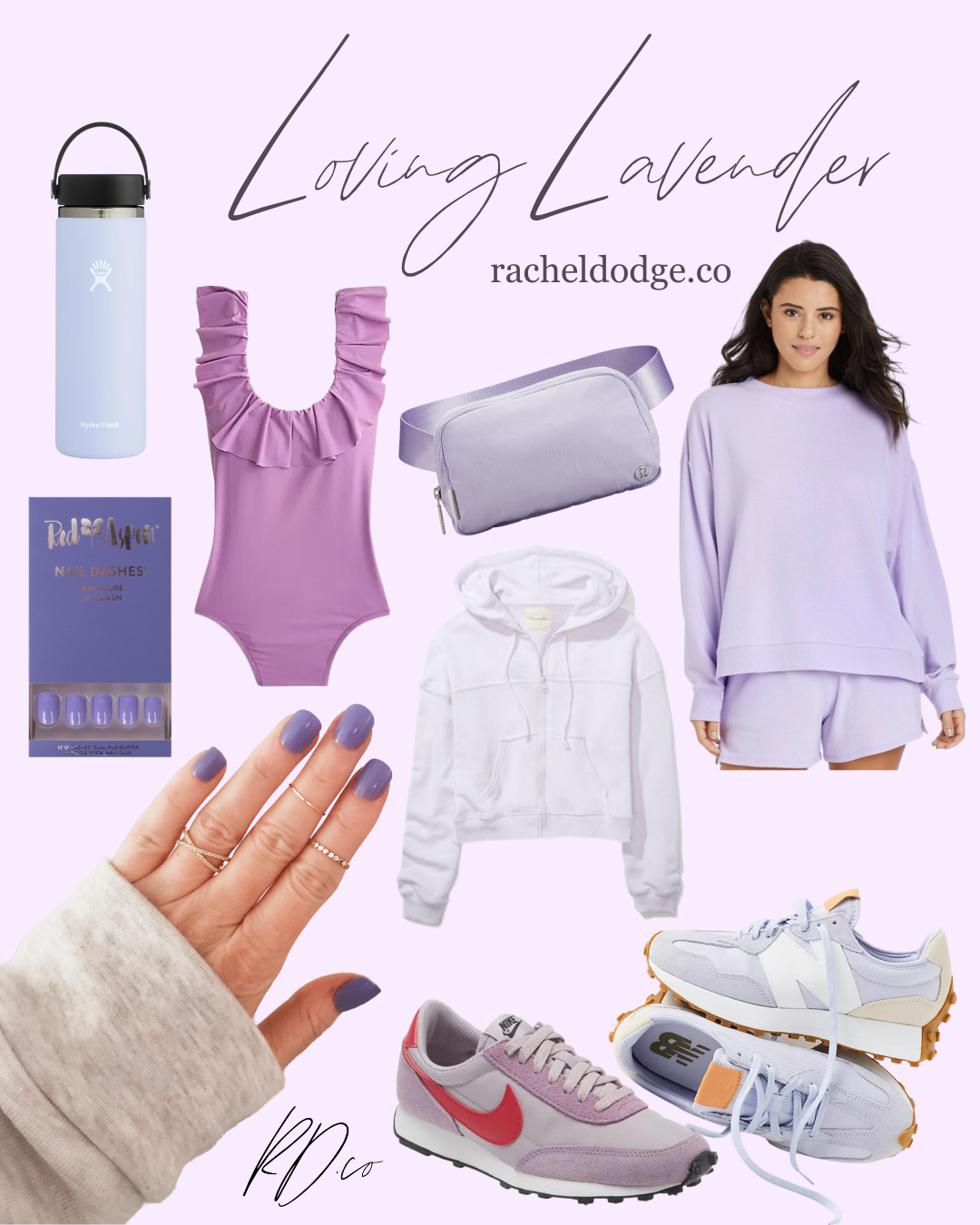 collage of lavender fashion accessories, outfits and nails
