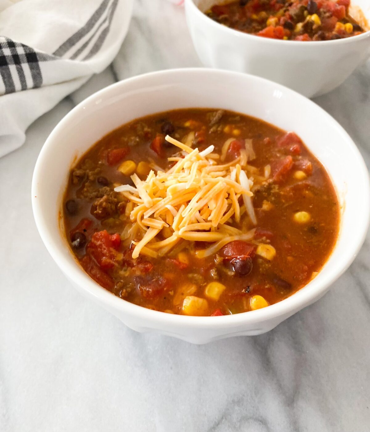 easy taco soup in a bowl on marble counter