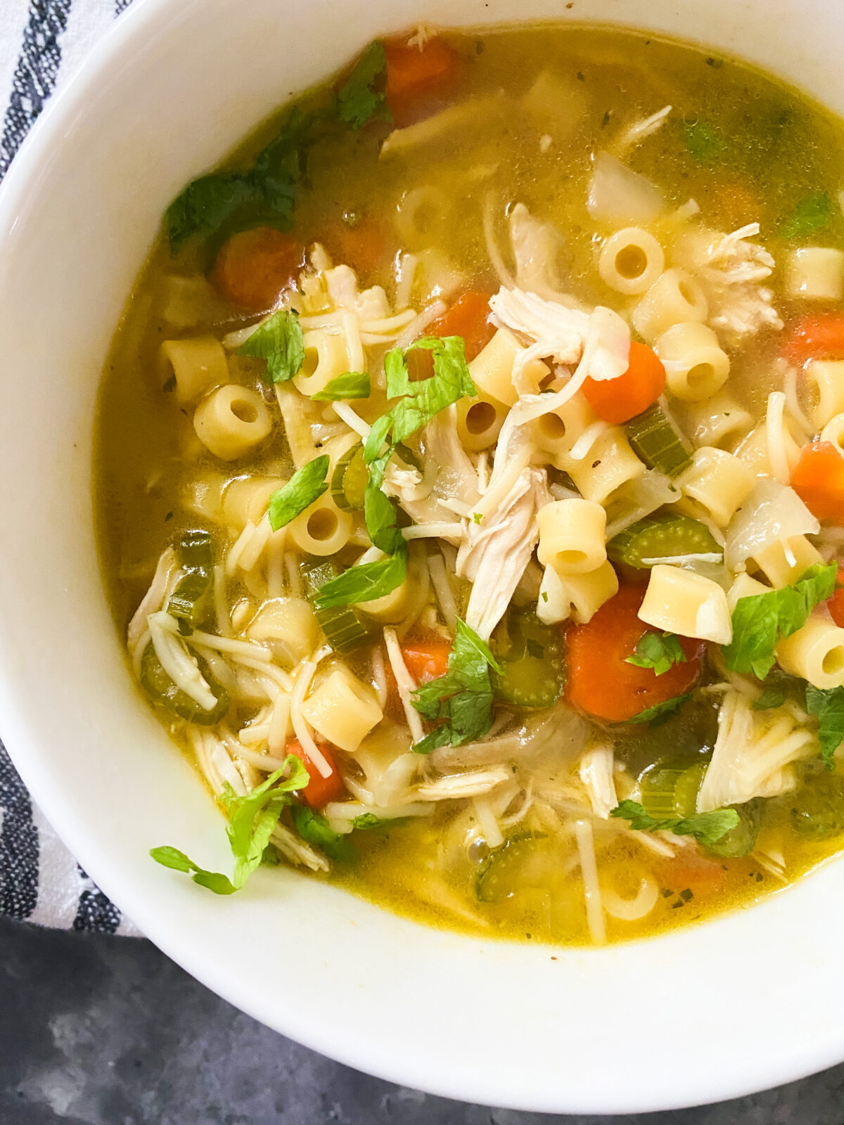 Closeup of homemade chicken noodle soup
