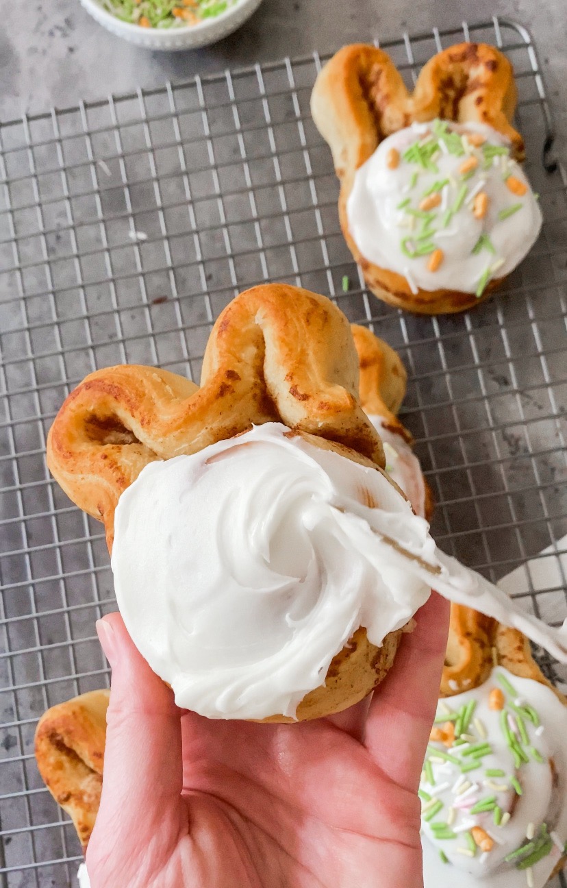 ice bunny shaped cinnamon rolls with included icing or make a citrusy drizzle