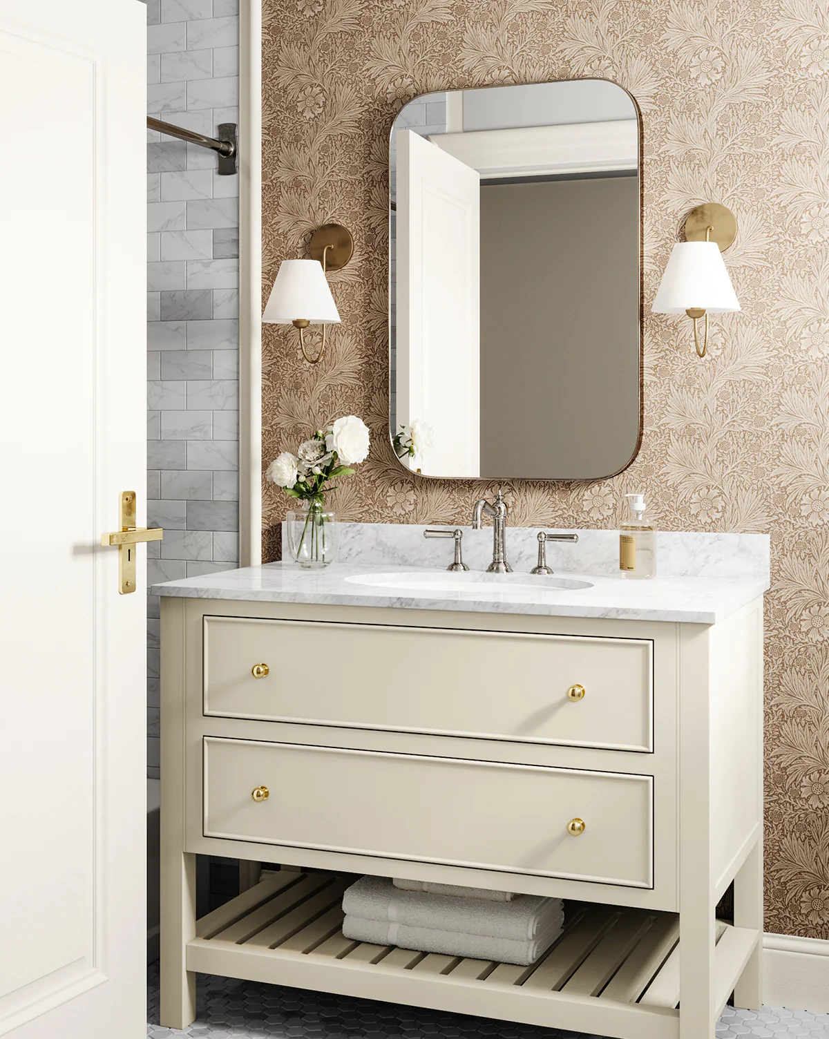 Rounded off rectangular mirror hanging above a bathroom vanity
