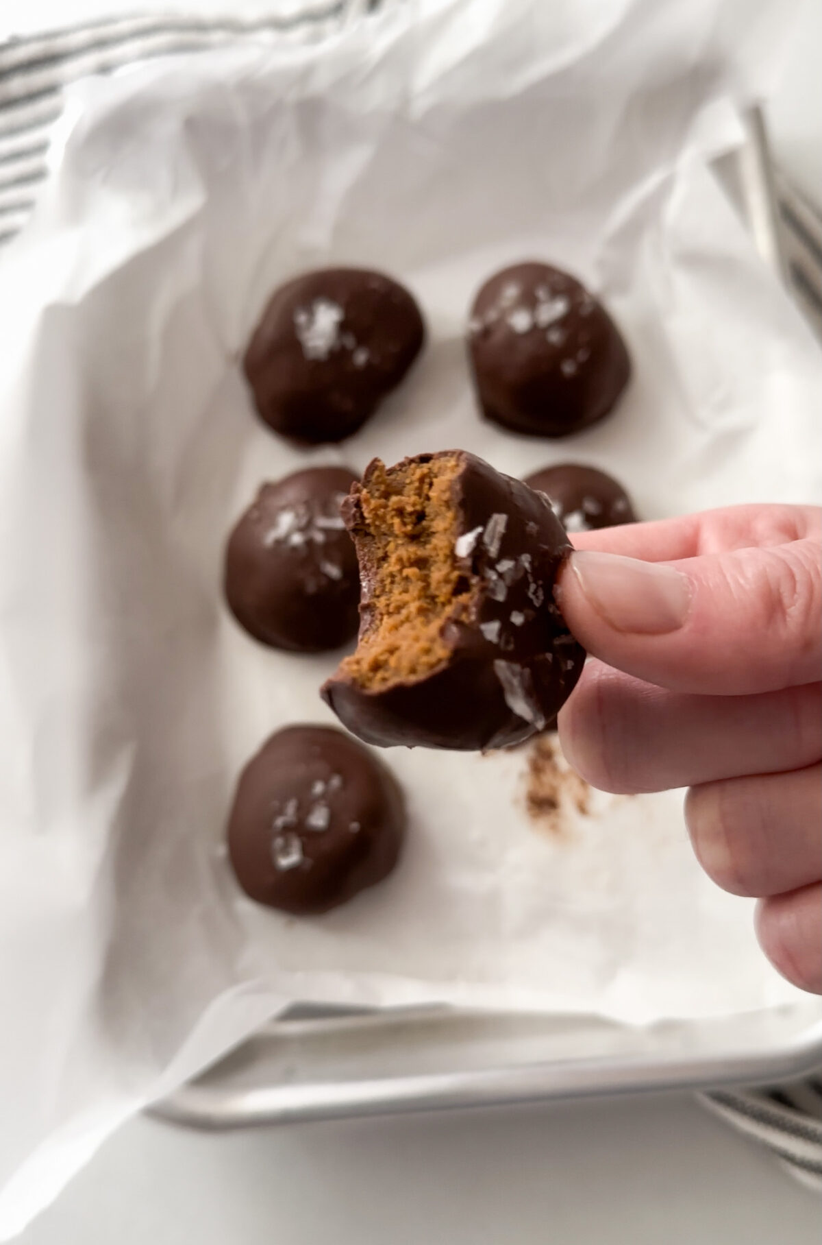 delicious gingersnap cookie butter truffles with a hand holding one with a bite taken out of it