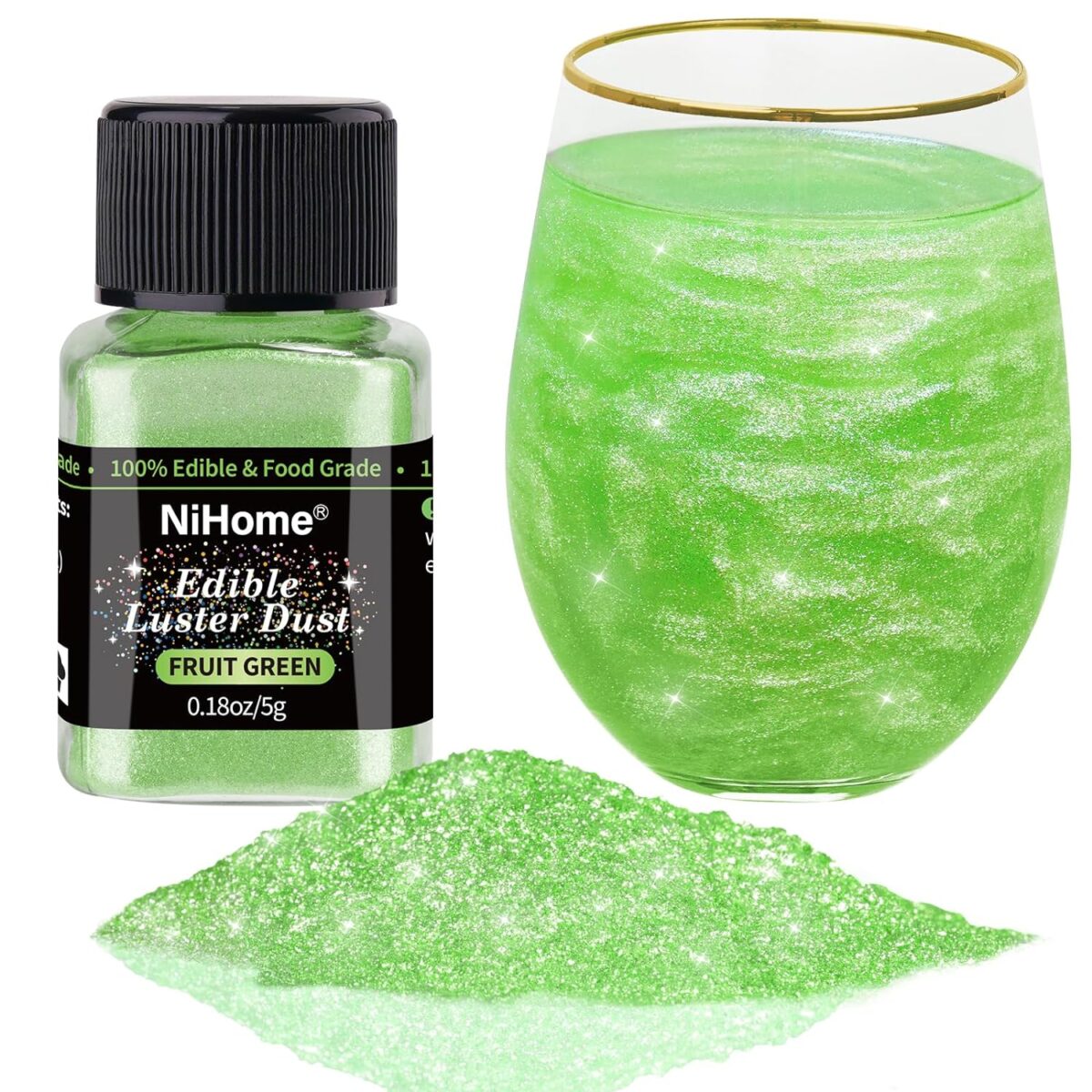 add a little sparkle to holiday cocktails and mocktails with green luster dust