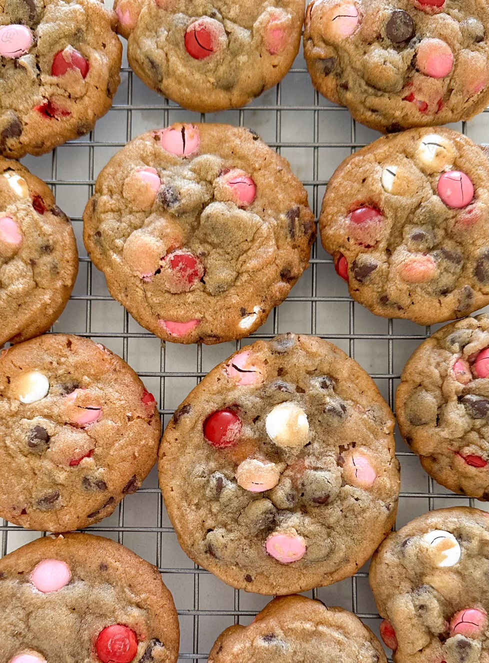 valentine's day M&Ms cookies on wire cooling rack